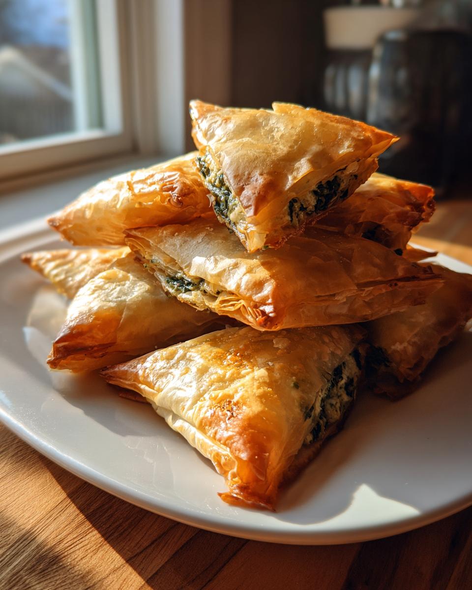 A stack of golden-brown, flaky Mediterranean Spinach and Feta Cheese Crisps on a white plate.