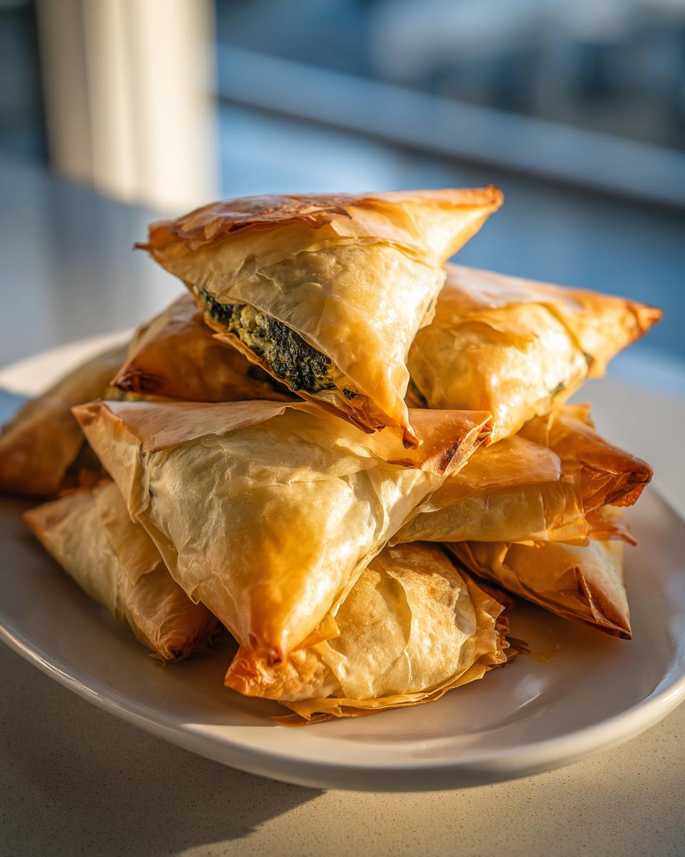 A stack of golden, flaky Mediterranean Spinach and Feta Cheese Crisps piled on a white plate.