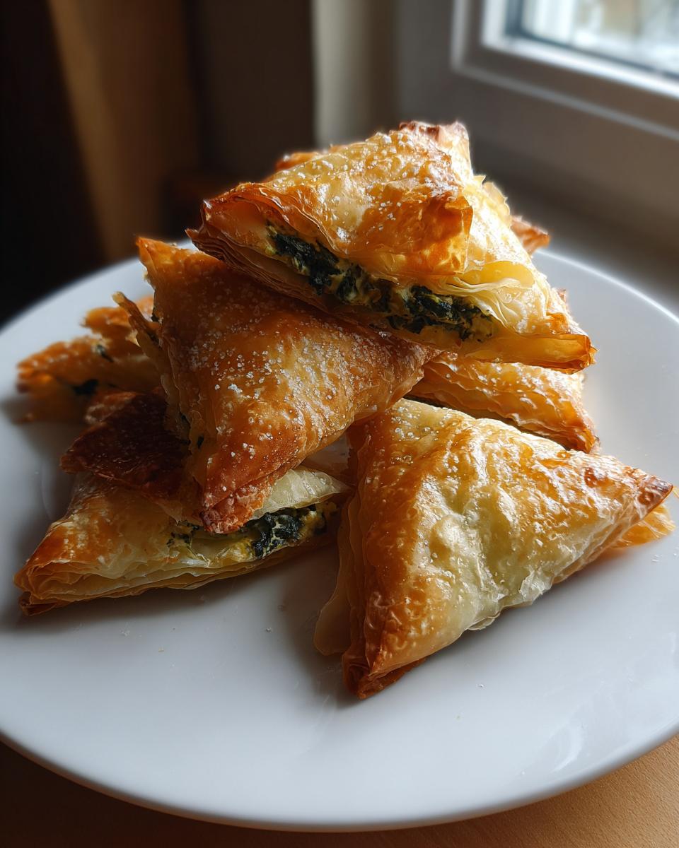 A stack of golden, flaky Mediterranean Spinach and Feta Cheese Crisps dusted with salt on a white plate.
