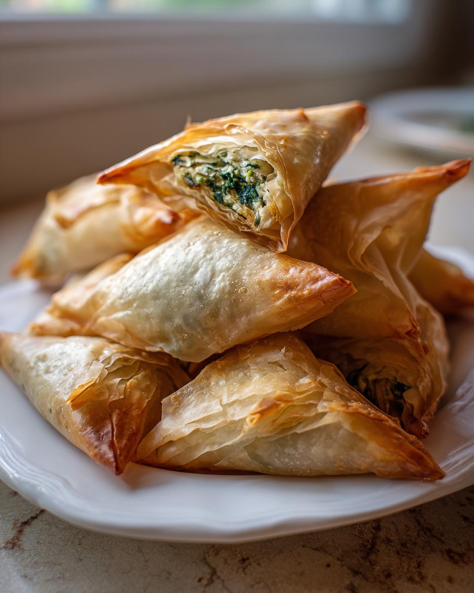 A stack of golden, flaky Mediterranean Spinach and Feta Cheese Crisps on a white plate.