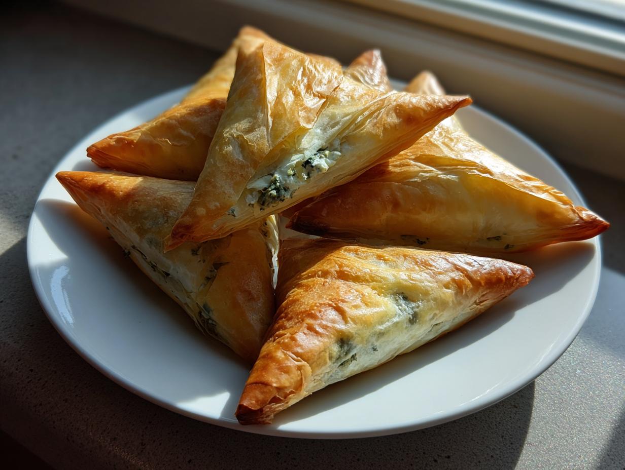 A stack of golden brown, flaky Mediterranean Spinach and Feta Cheese Crisps arranged on a white plate.