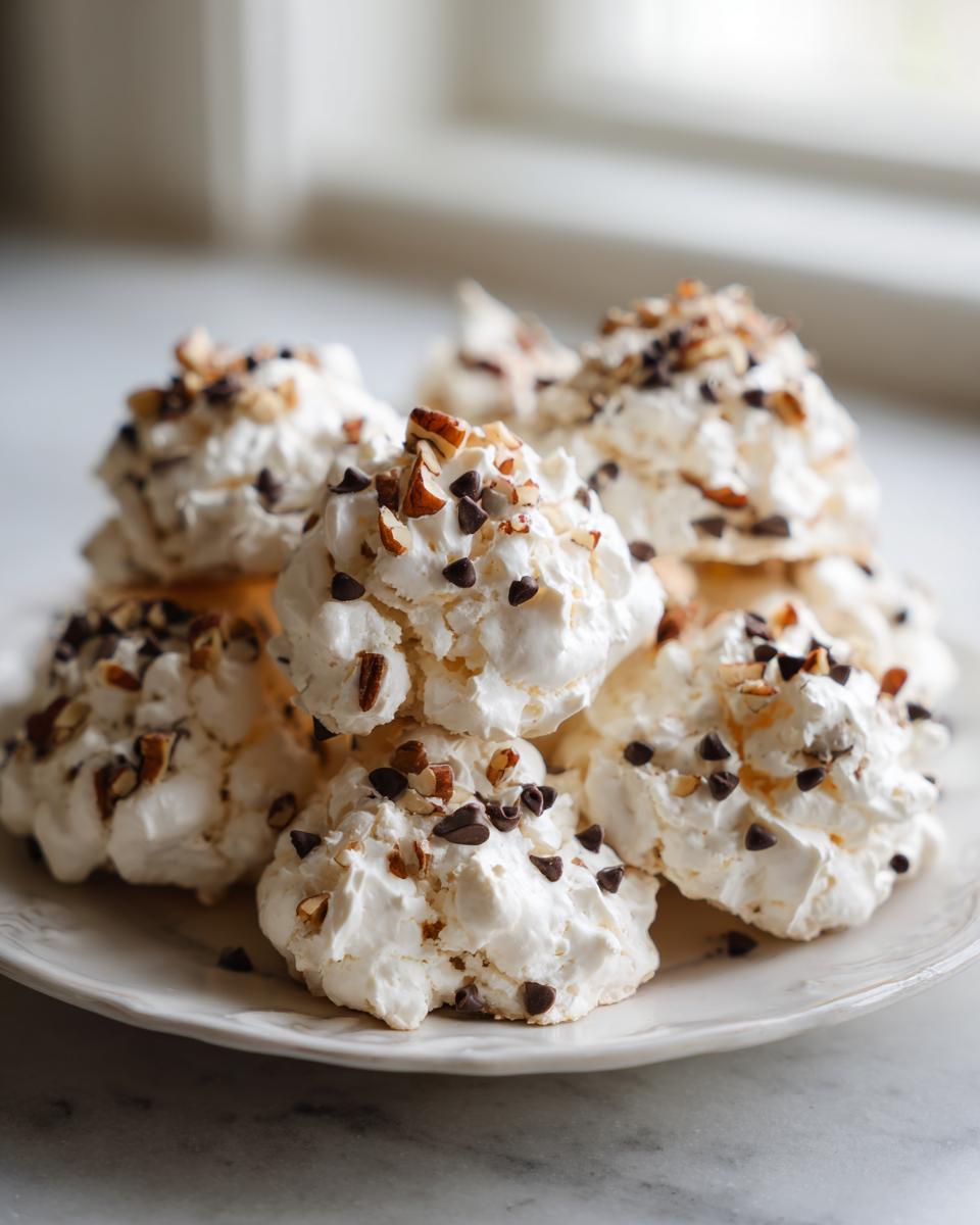 A pile of fluffy white meringue forgotten cookies topped with mini chocolate chips and chopped nuts on a white plate.