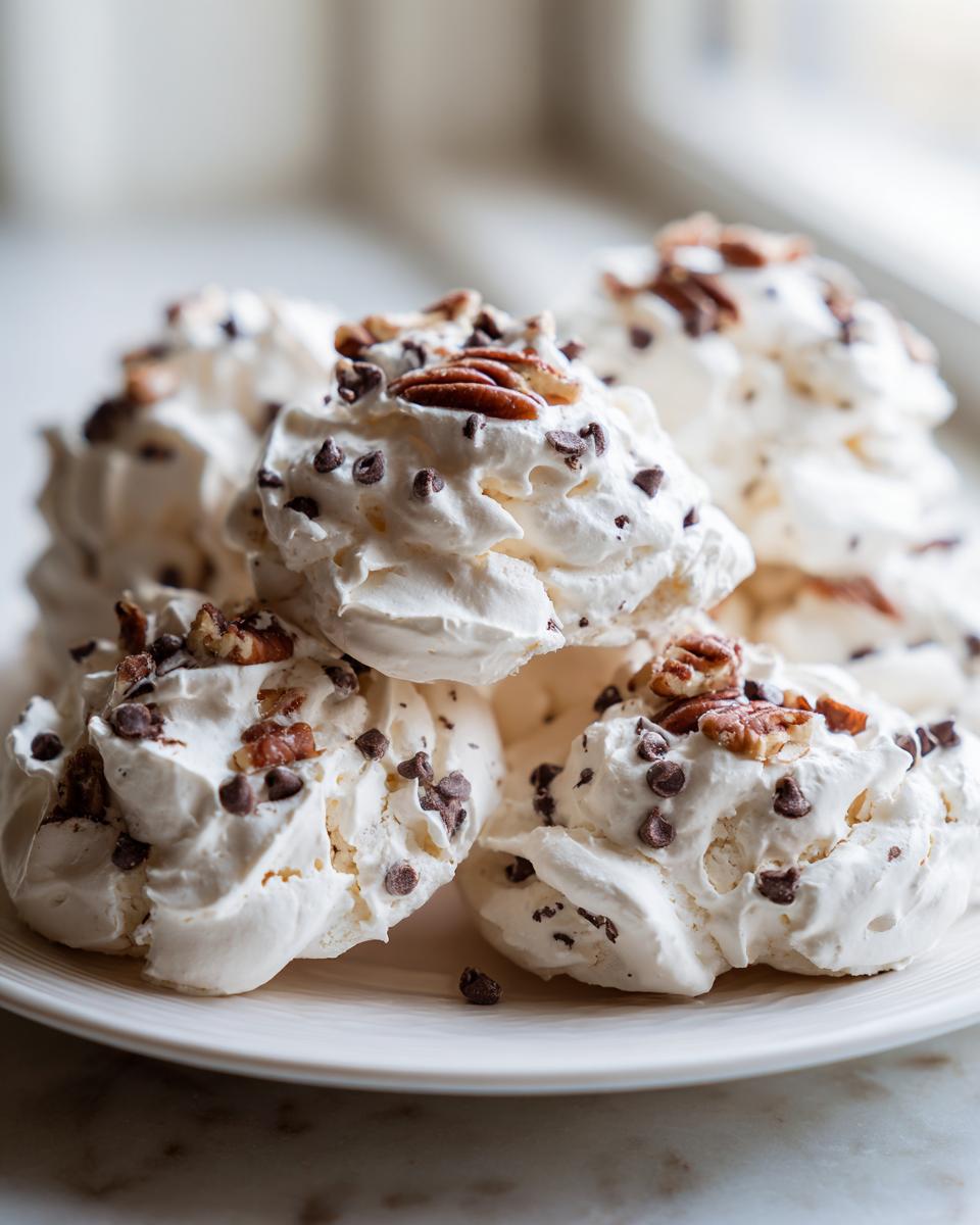 A stack of light, fluffy meringue forgotten cookies topped with mini chocolate chips and pecans on a white plate.