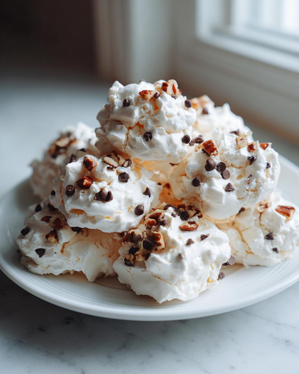 A pile of light, fluffy meringue forgotten cookies topped with mini chocolate chips and chopped pecans.