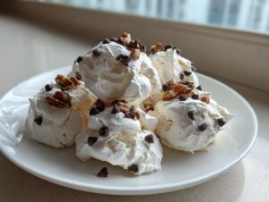 A pile of fluffy white meringue forgotten cookies topped with mini chocolate chips and chopped pecans on a white plate.