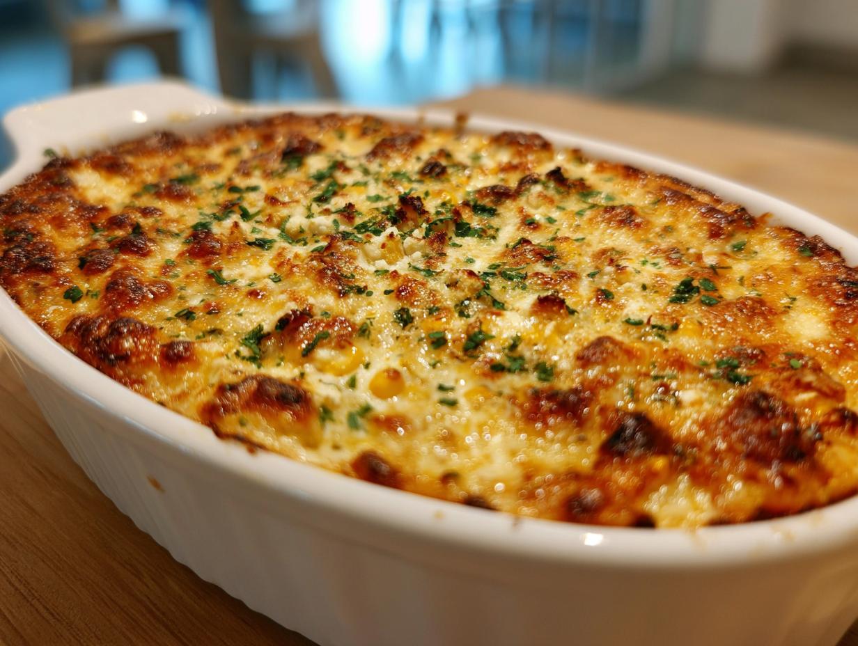 Close-up of hot Mexican street corn dip bubbling with a golden-brown, cheesy crust and sprinkled with parsley.