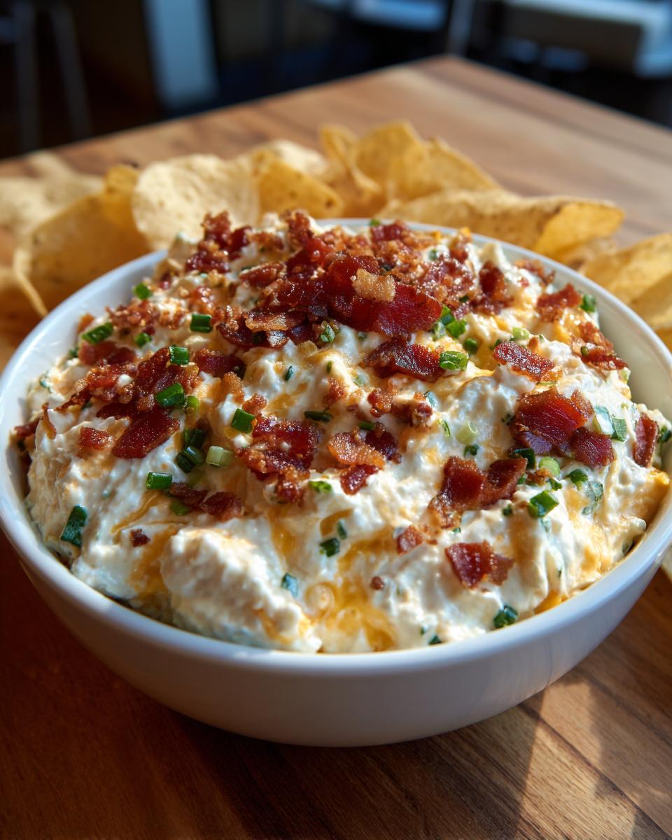 A white bowl filled with creamy Million Dollar Dip, topped generously with crumbled bacon and chives, served with tortilla chips.