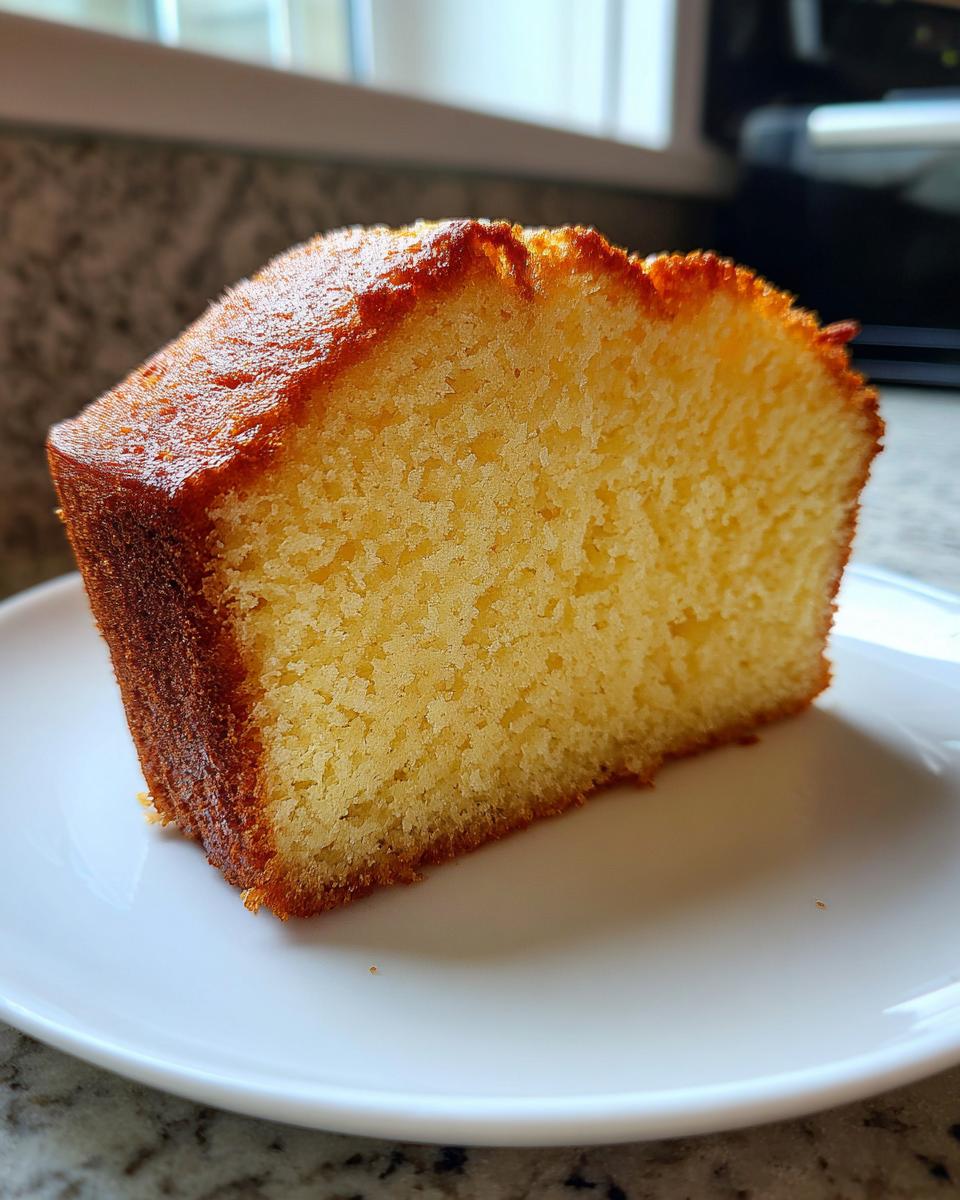 Close-up of a thick slice of moist million dollar pound cake showing its golden crumb and browned edges.