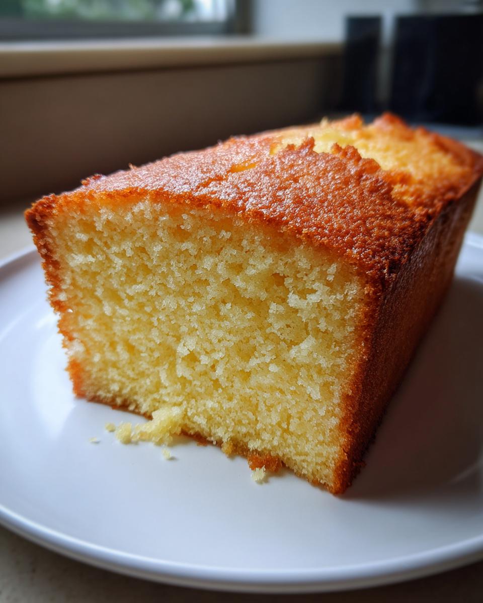 Close-up of a dense, moist slice of golden million dollar pound cake on a white plate.