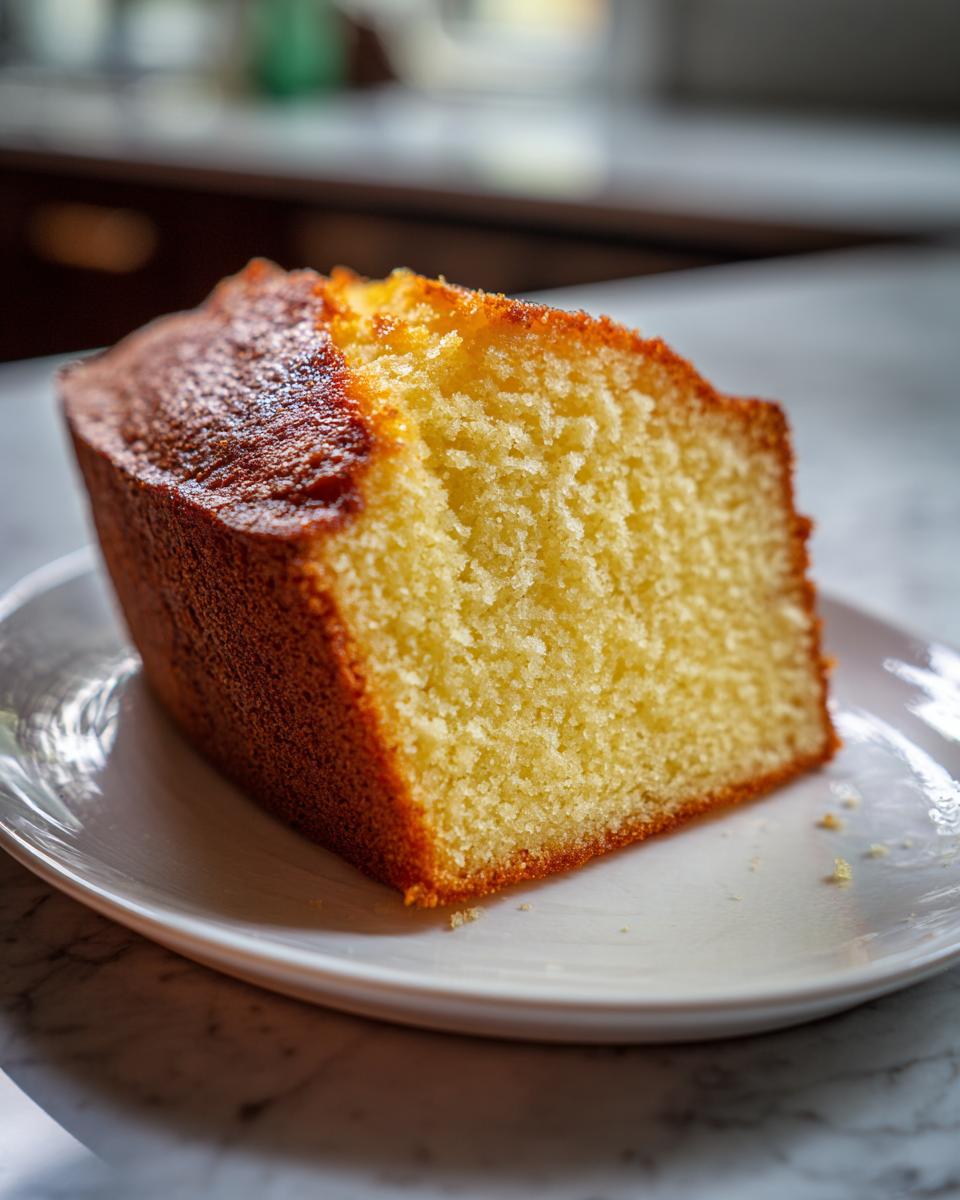 Close-up of a thick slice of moist million dollar pound cake showing its dense, yellow crumb.