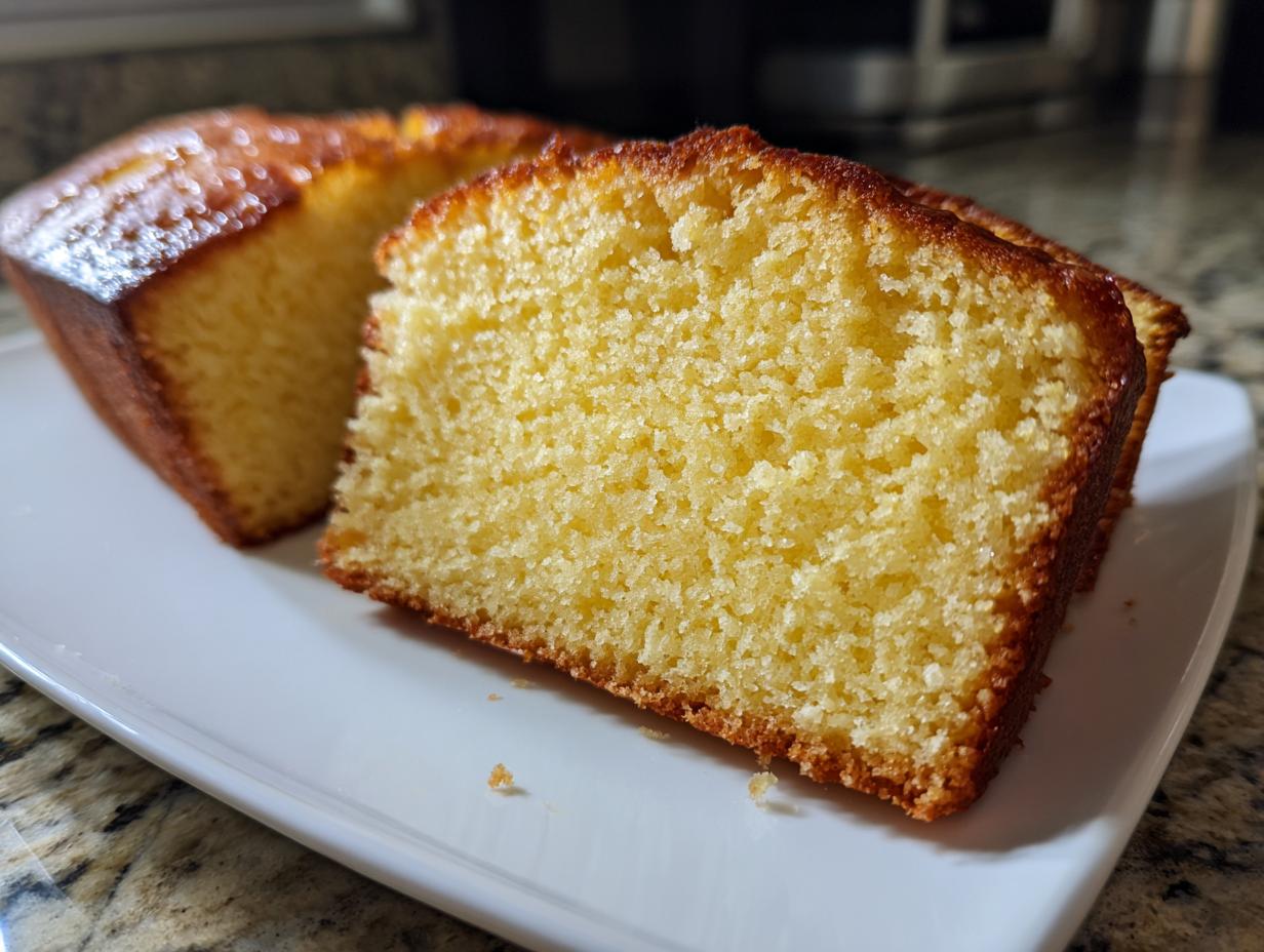 A thick slice of moist, yellow million dollar pound cake showing its dense, buttery crumb texture.