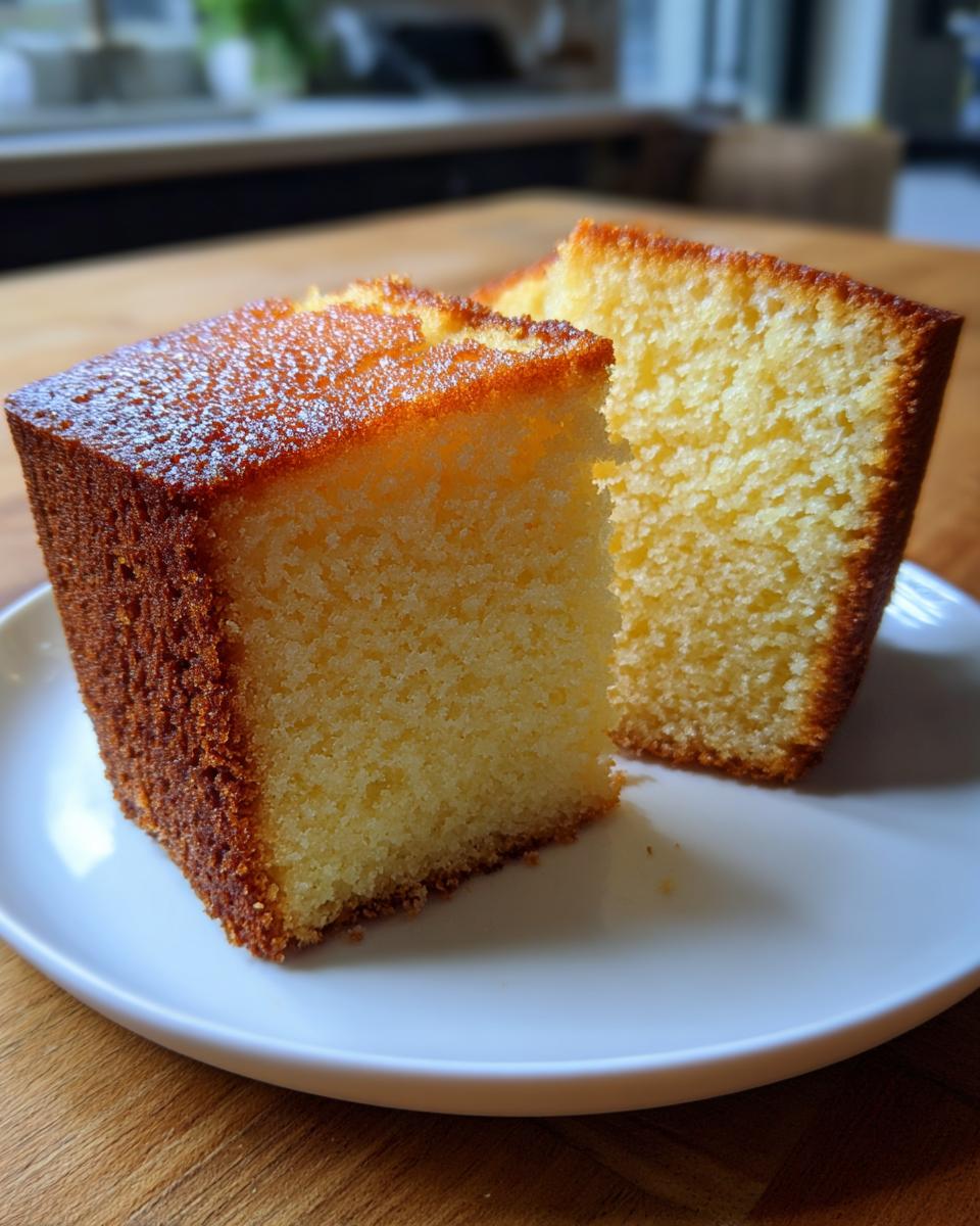 Two thick slices of moist million dollar pound cake with a golden-brown crust, served on a white plate.