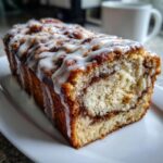 A close-up of a freshly baked apple bread loaf with a visible cinnamon swirl and thick white glaze drizzled on top.