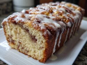 A close-up of a freshly baked apple bread loaf, featuring a cinnamon swirl interior and a thick vanilla glaze dripping down the sides.
