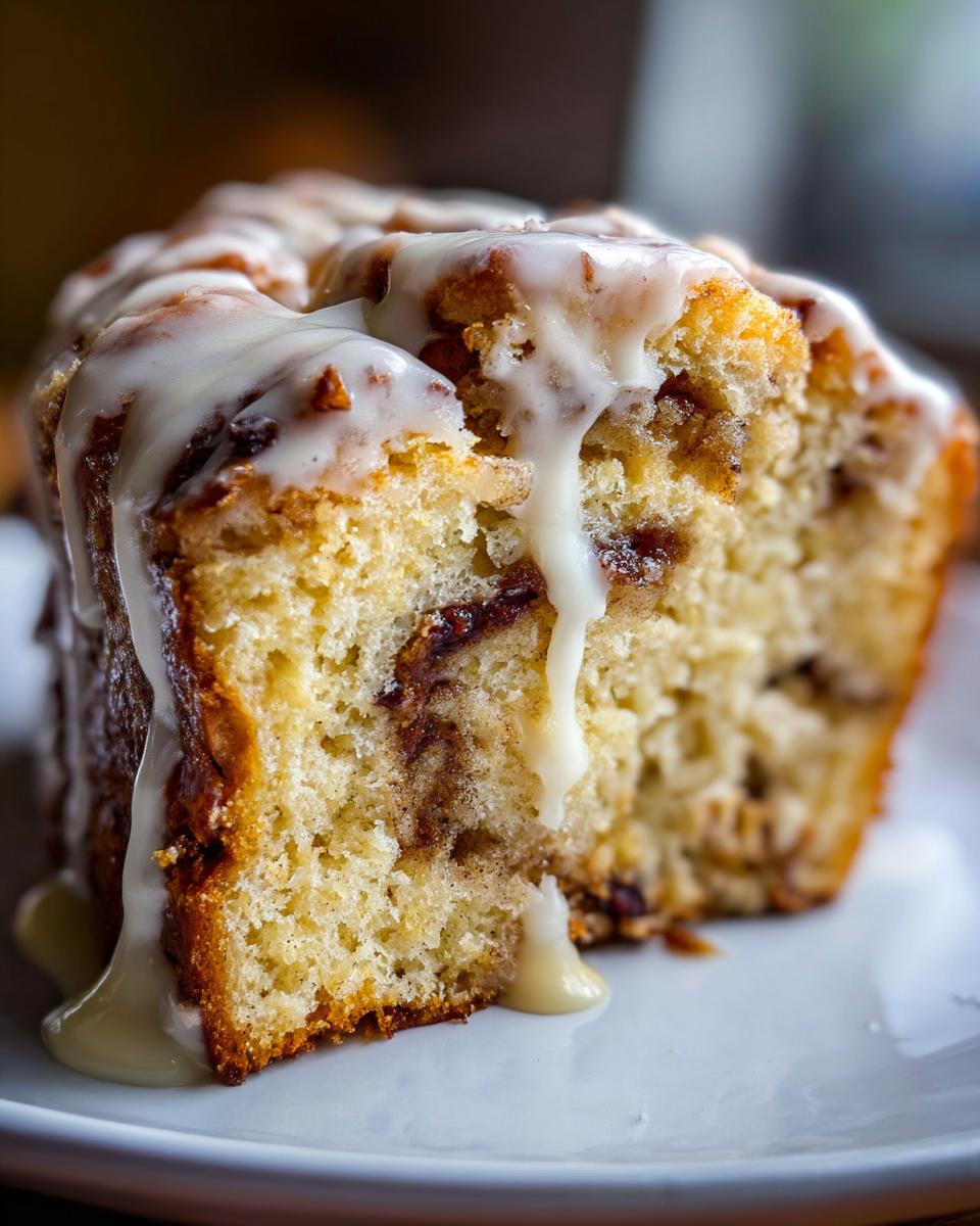 Close-up of a slice of moist apple bread topped with thick, dripping vanilla glaze.