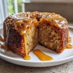 A moist apple cake, cut in half, generously topped with dripping caramel sauce on a white plate.