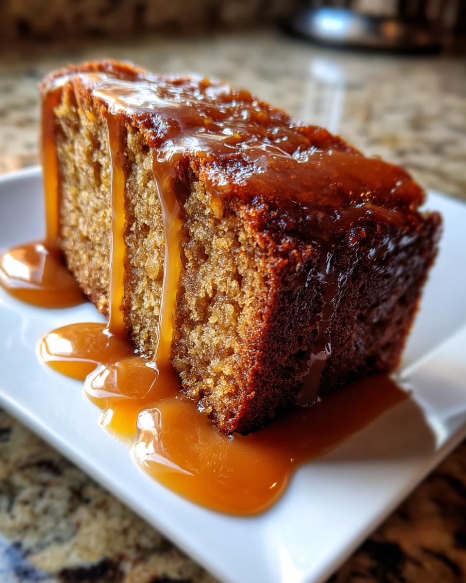 A close-up of a moist slice of apple cake generously covered in dripping caramel sauce.
