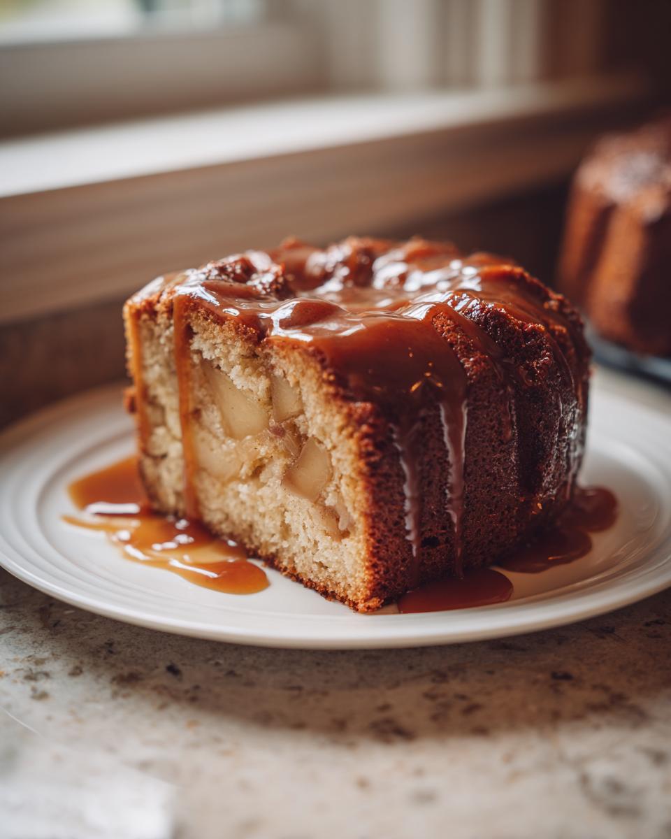 A moist slice of apple cake topped with thick caramel sauce, showing chunks of apple inside.
