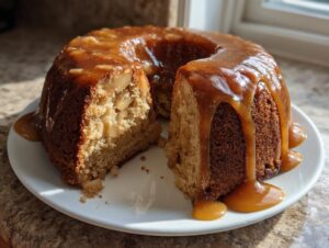 A moist apple cake, cut to show the interior filled with apples, generously topped with dripping caramel sauce.