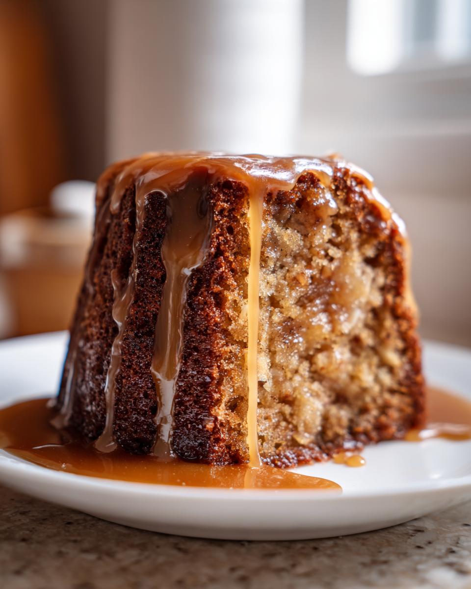 Close-up of a moist slice of apple cake topped generously with dripping caramel sauce on a white plate.