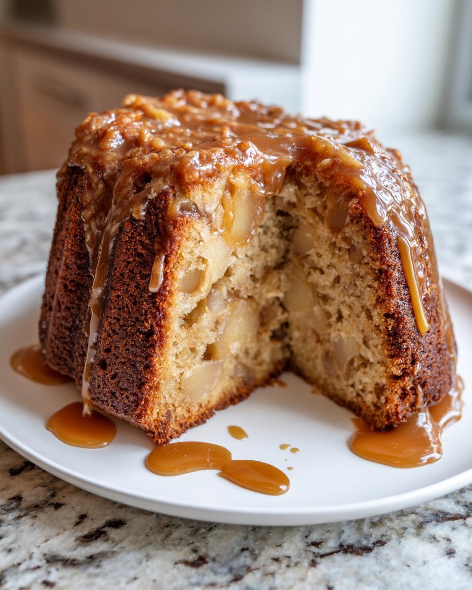 A slice of moist apple cake studded with chunks of apple, topped with thick caramel sauce.