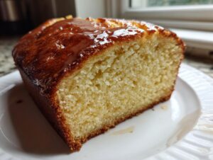 Close-up of a thick slice of golden, moist beer bread with a shiny glaze on top, resting on a white plate.