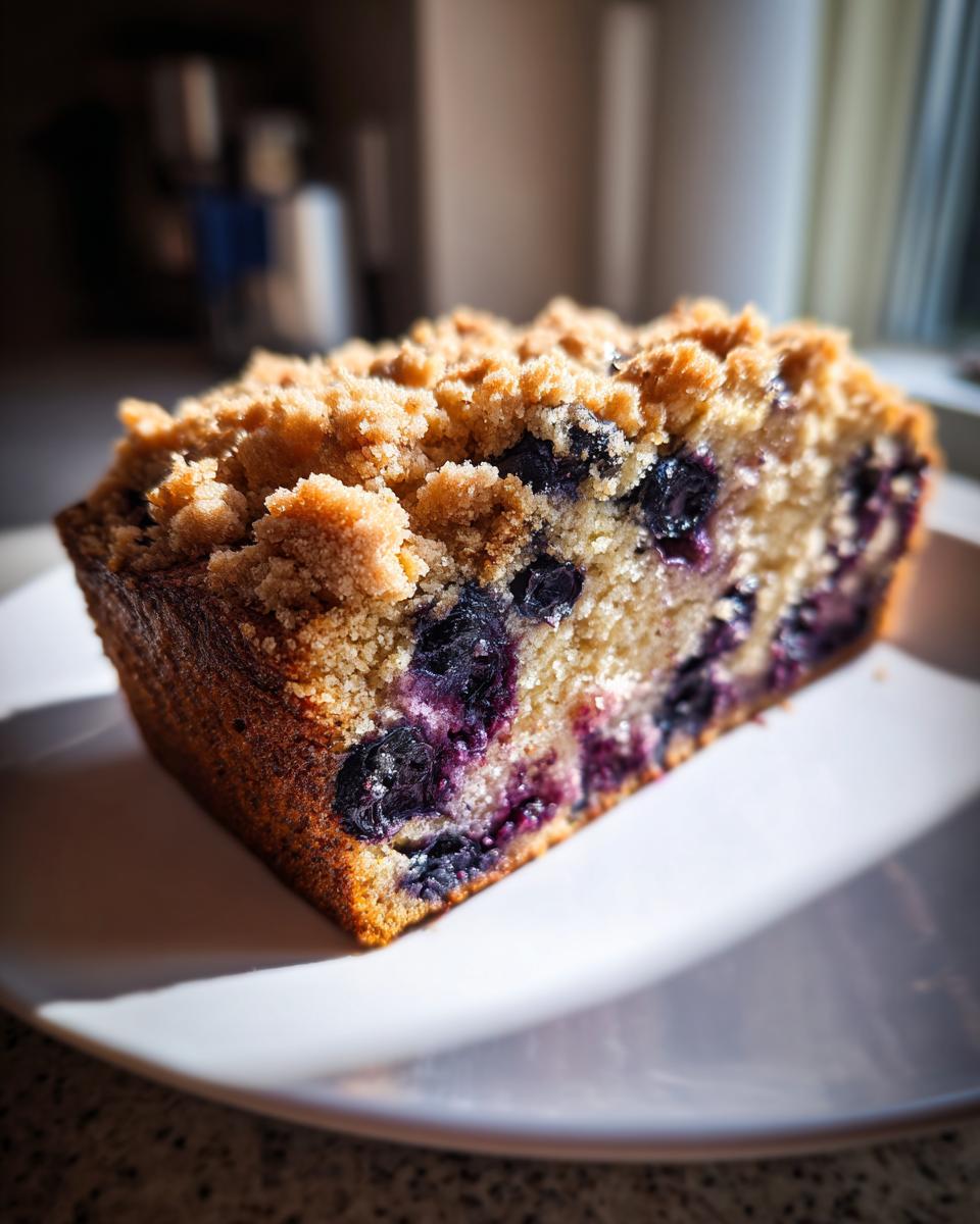 Close-up of a slice of moist blueberry banana bread topped with brown sugar streusel, sitting on a white plate.