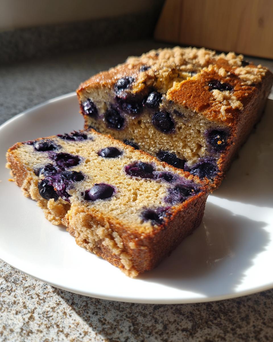 A thick slice of moist blueberry banana bread with visible blueberries and a crumbly streusel topping.