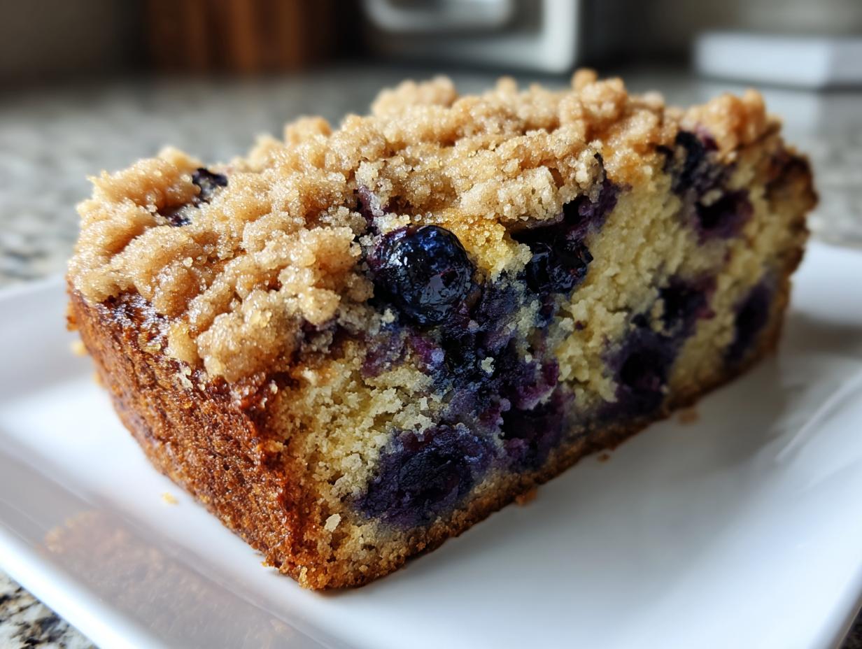Close-up of a moist slice of blueberry banana bread featuring visible blueberries and a crunchy brown sugar streusel topping.