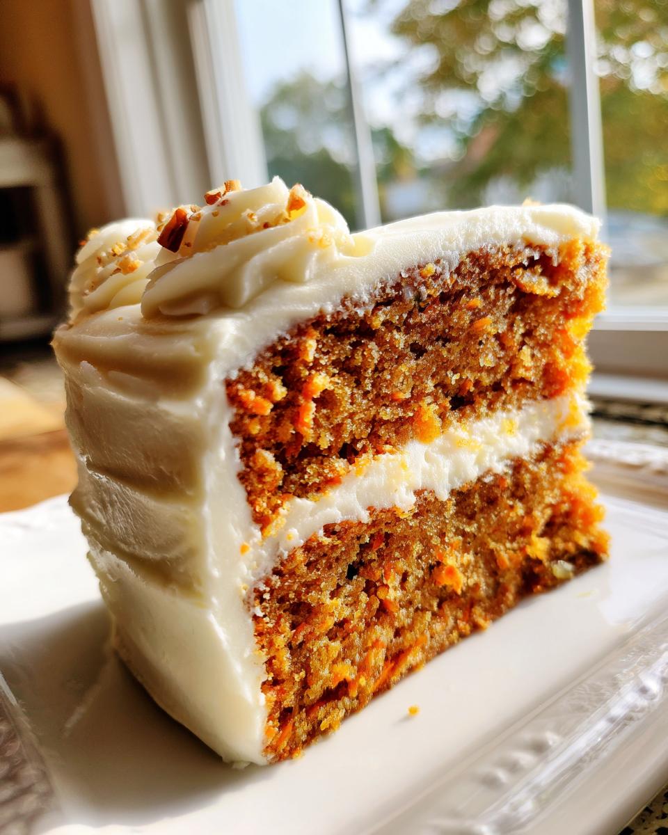 Close-up of a moist, two-layer carrot cake recipe slice with thick cream cheese frosting and nut topping.