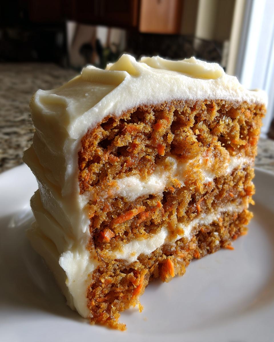 Close-up of a thick, moist slice of layered carrot cake recipe with cream cheese frosting.