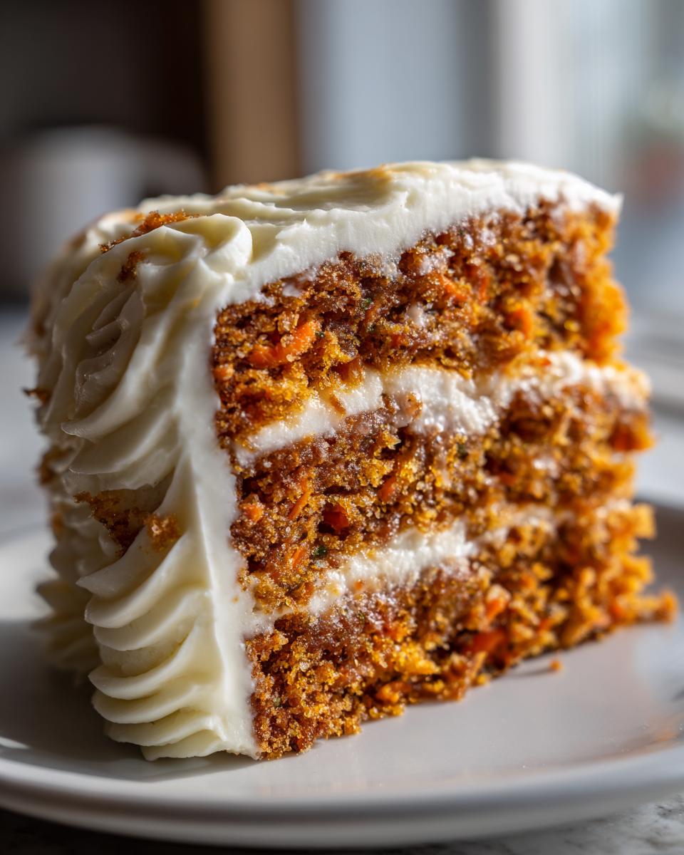 Close-up of a thick, moist slice of carrot cake recipe with rich orange crumb and thick cream cheese frosting.