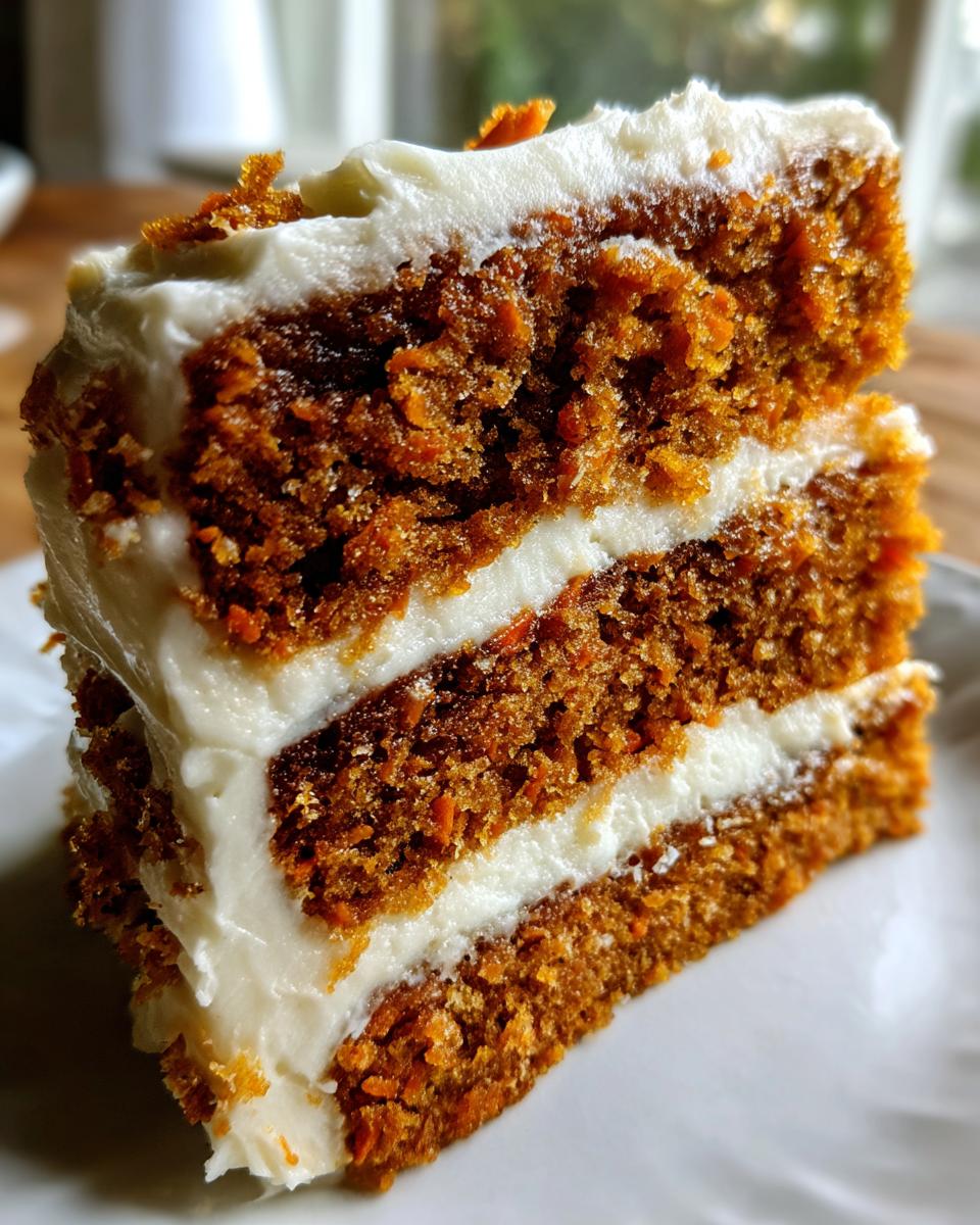 Close-up of a thick, moist slice of carrot cake recipe with two layers and cream cheese frosting.