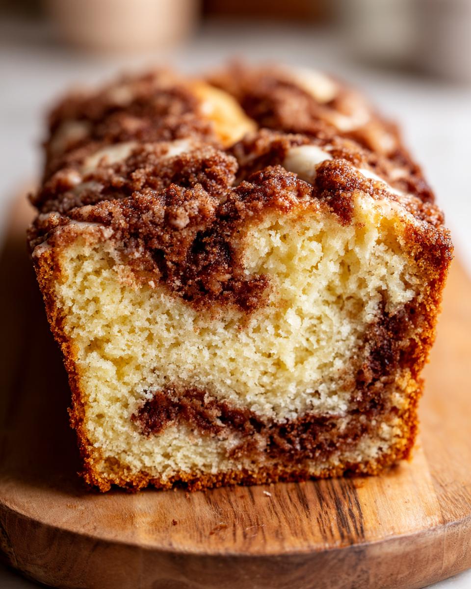 Close-up of a moist slice of coffee cake showing a light crumb and rich cinnamon swirl topping.
