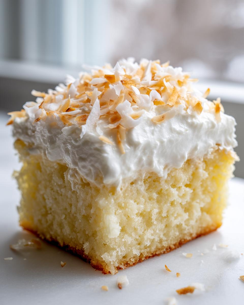 Close-up of a square slice of moist coconut poke cake topped with white frosting and toasted coconut flakes.
