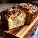 Close-up of a moist coffee cake loaf, sliced to show the cinnamon swirl and thick crumb topping.