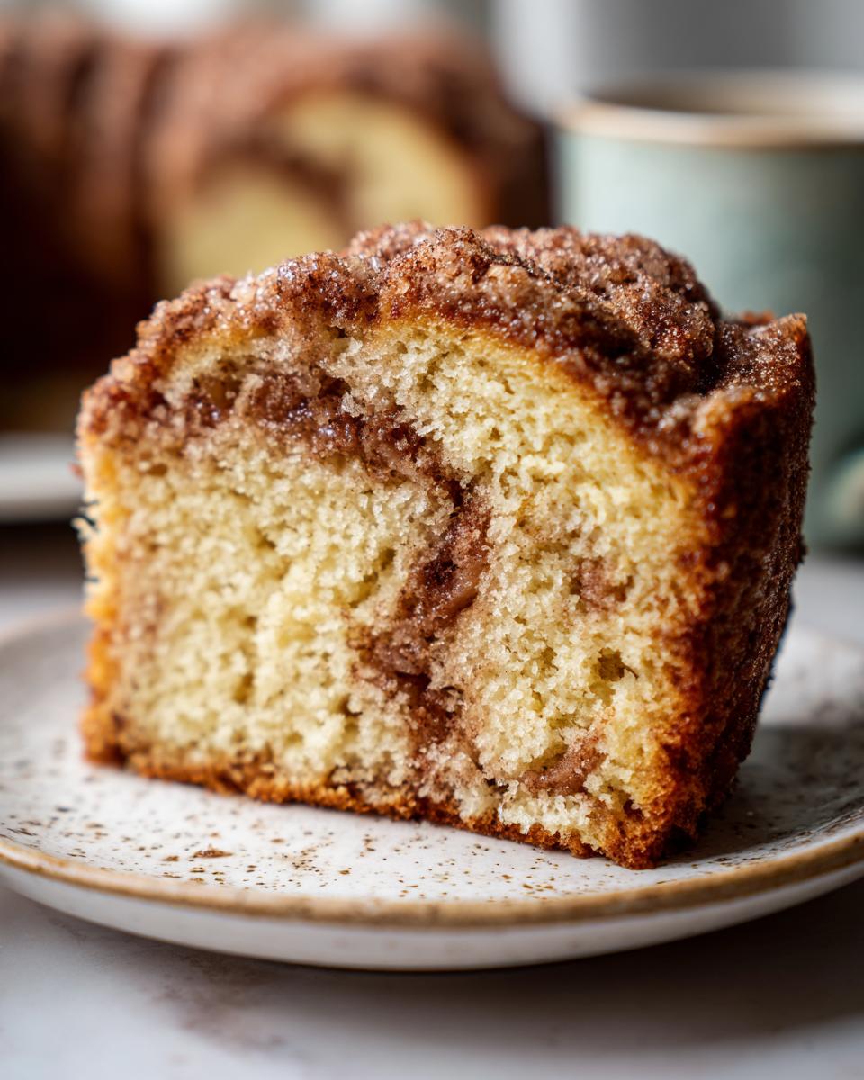 Close-up of a moist slice of coffee cake showing a rich cinnamon swirl and crumb topping.