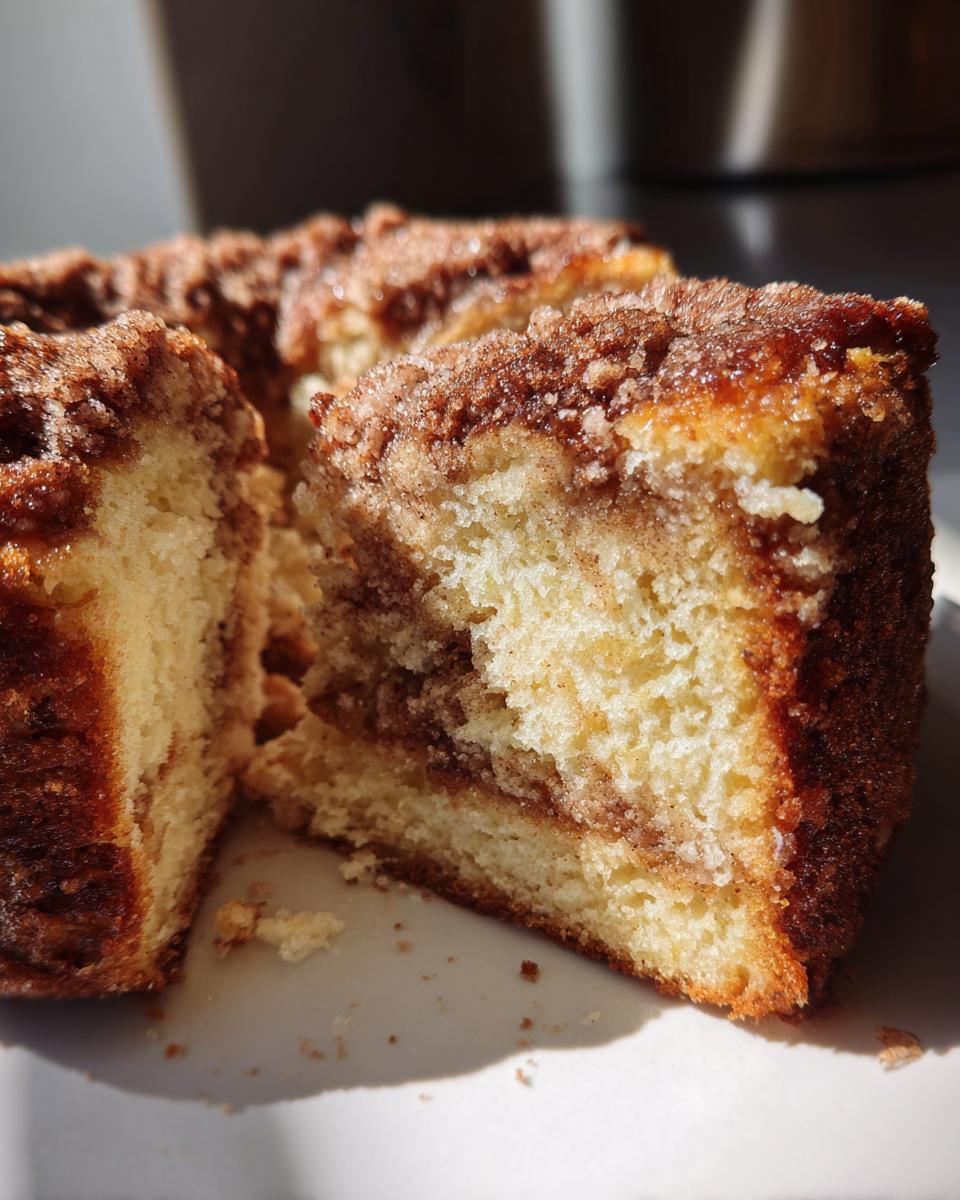 Close-up of a moist slice of coffee cake showing the fluffy crumb and cinnamon swirl topping.