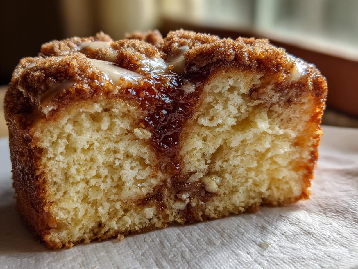 Close-up of a moist slice of coffee cake showing a tender crumb, cinnamon swirl, and sweet vanilla glaze topping.