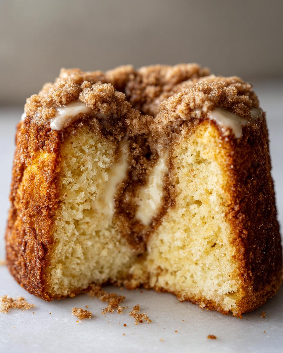 Close-up of a moist coffee cake slice showing a rich crumb, cinnamon swirl, and thick streusel topping.