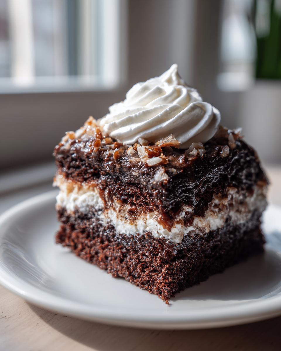 A moist slice of German chocolate poke cake layered with white filling, topped with coconut pecan frosting and whipped cream.