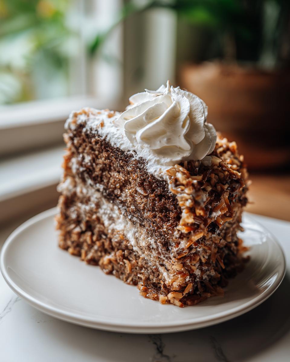 A moist slice of german chocolate poke cake topped with whipped cream and toasted coconut pecan frosting.