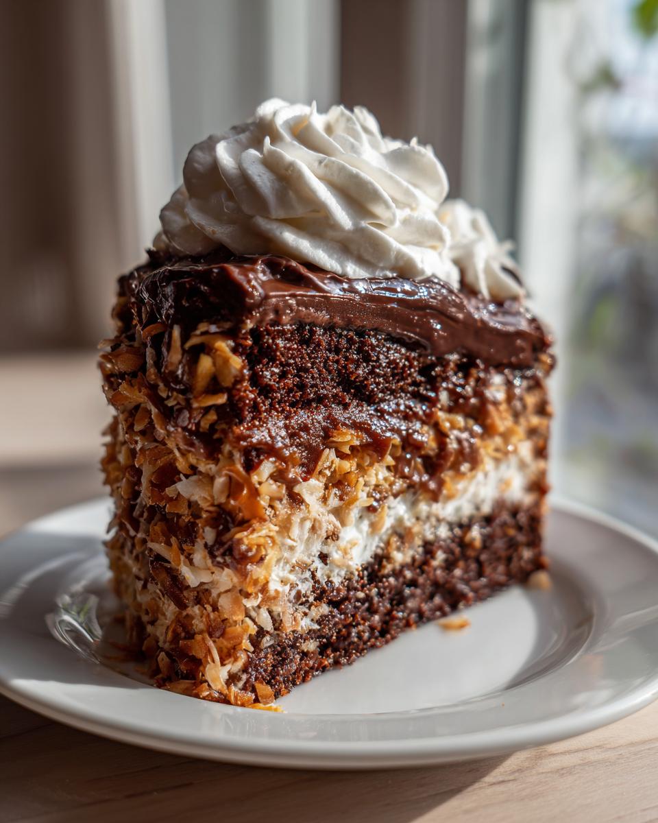 A tall slice of moist German Chocolate Poke Cake layered with filling and toasted coconut, topped with chocolate frosting and whipped cream.