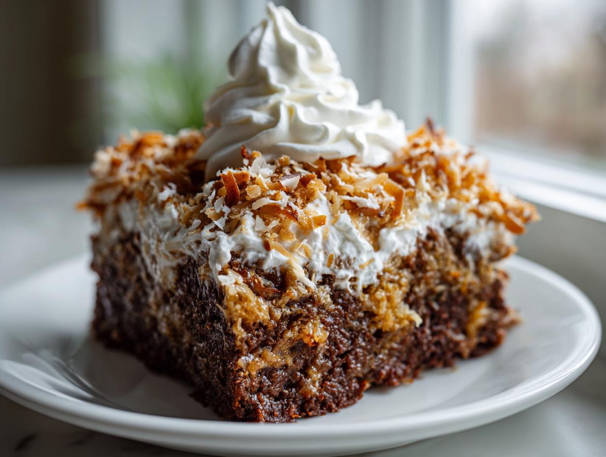 A close-up of a moist slice of german chocolate poke cake topped with coconut pecan frosting and a swirl of whipped cream.