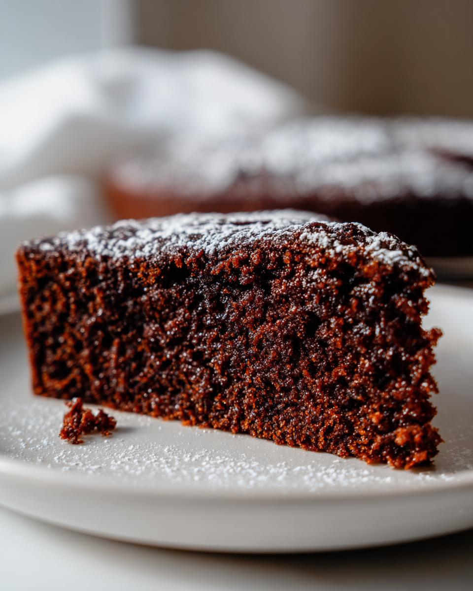 Close-up of a moist, dark slice of gingerbread cake dusted generously with powdered sugar on a white plate.