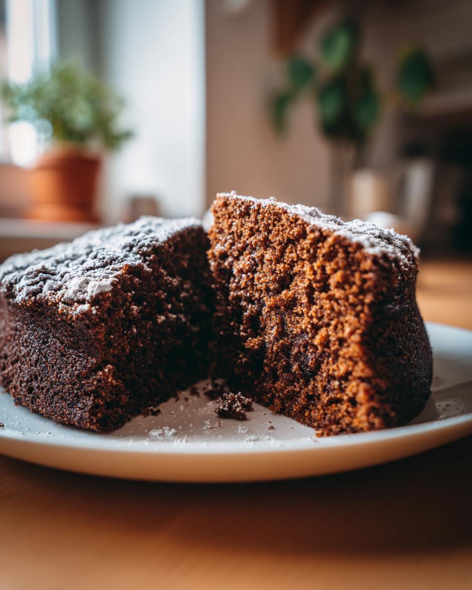Two rich, dark slices of moist gingerbread cake dusted with powdered sugar on a white plate.