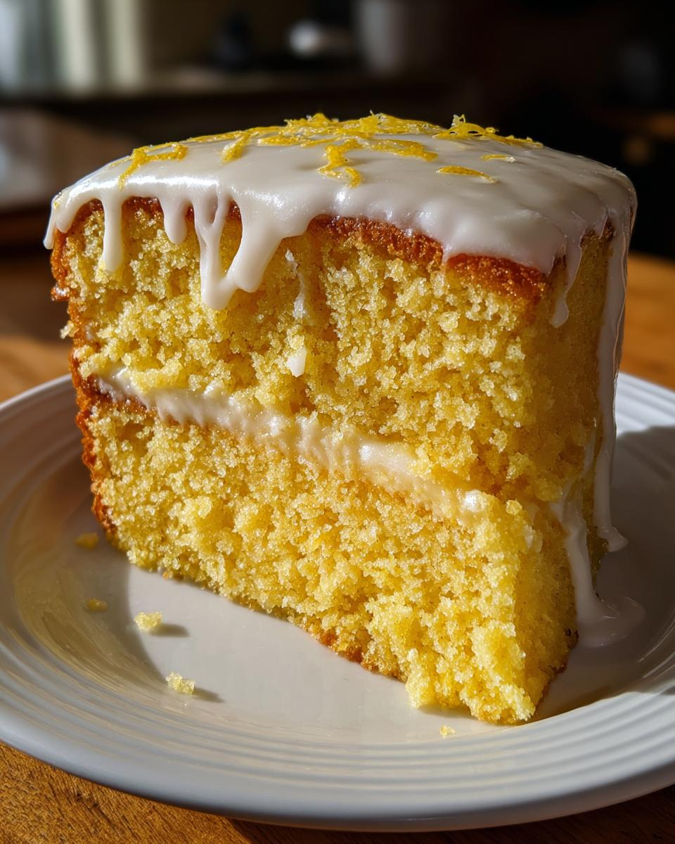 Close-up of a moist slice of yellow lemon cake recipe topped with white glaze and lemon zest.