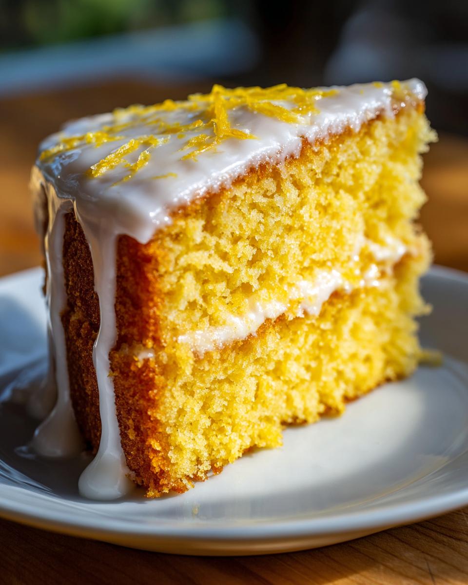 Close-up of a slice of moist lemon cake recipe topped with white glaze and lemon zest.