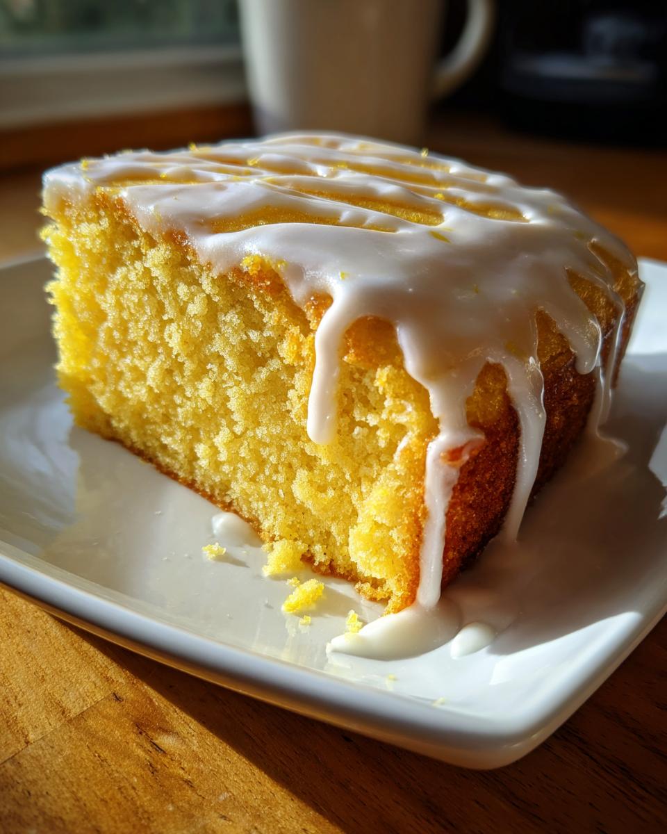 A moist slice of bright yellow lemon cake recipe topped with thick white lemon glaze and zest.