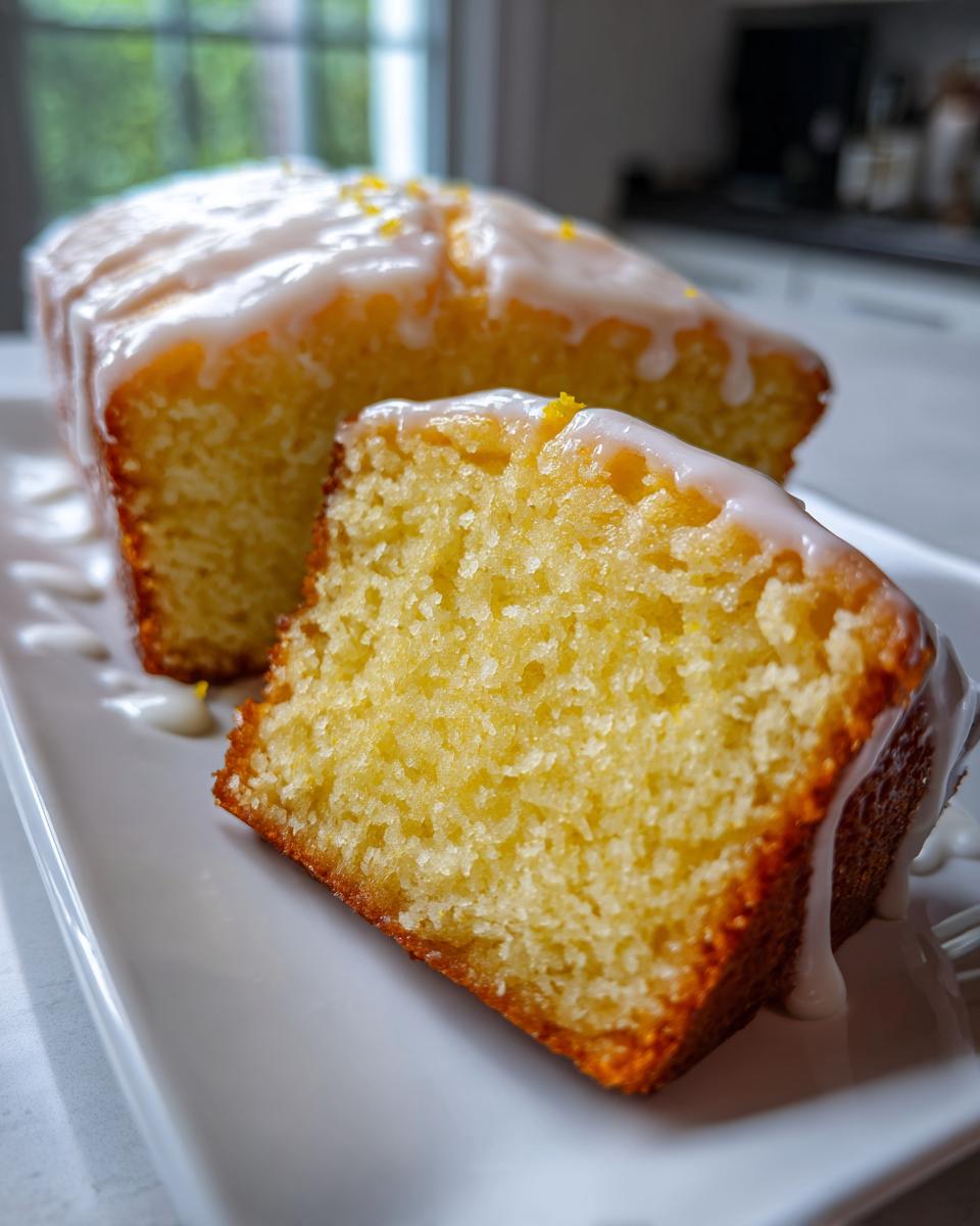A close-up view of a thick slice cut from a moist lemon loaf, covered in white glaze and zest.